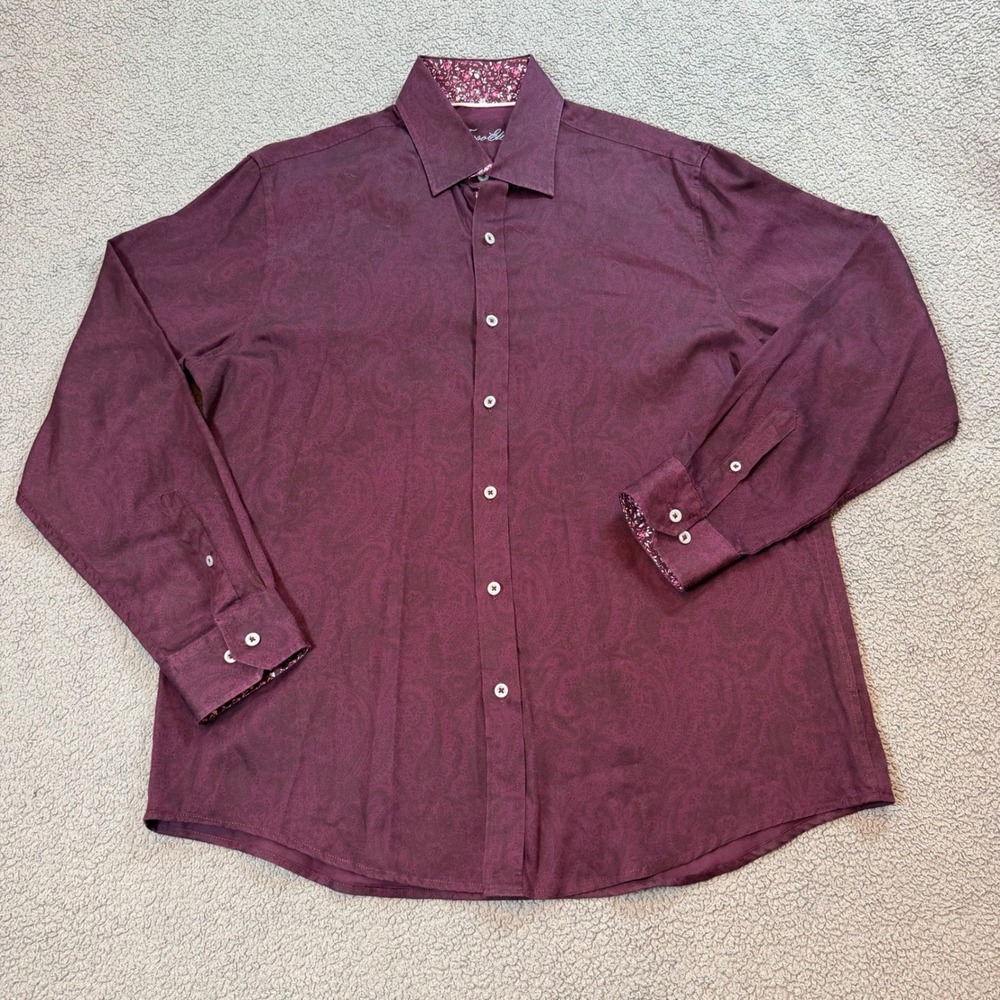 Tasso Elba Mens Burgundy Paisley Jacquard Cotton Button Down Shirt Large 16-16.5